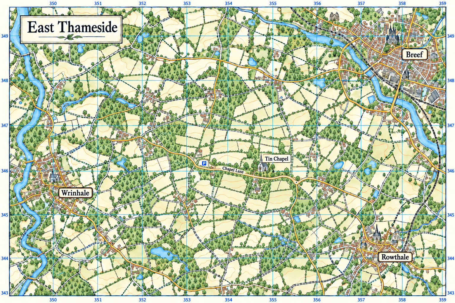 County map of East Thameside showing Breef, Wrinhale, Rowthale, Chapel Lane, and Tin Chapel