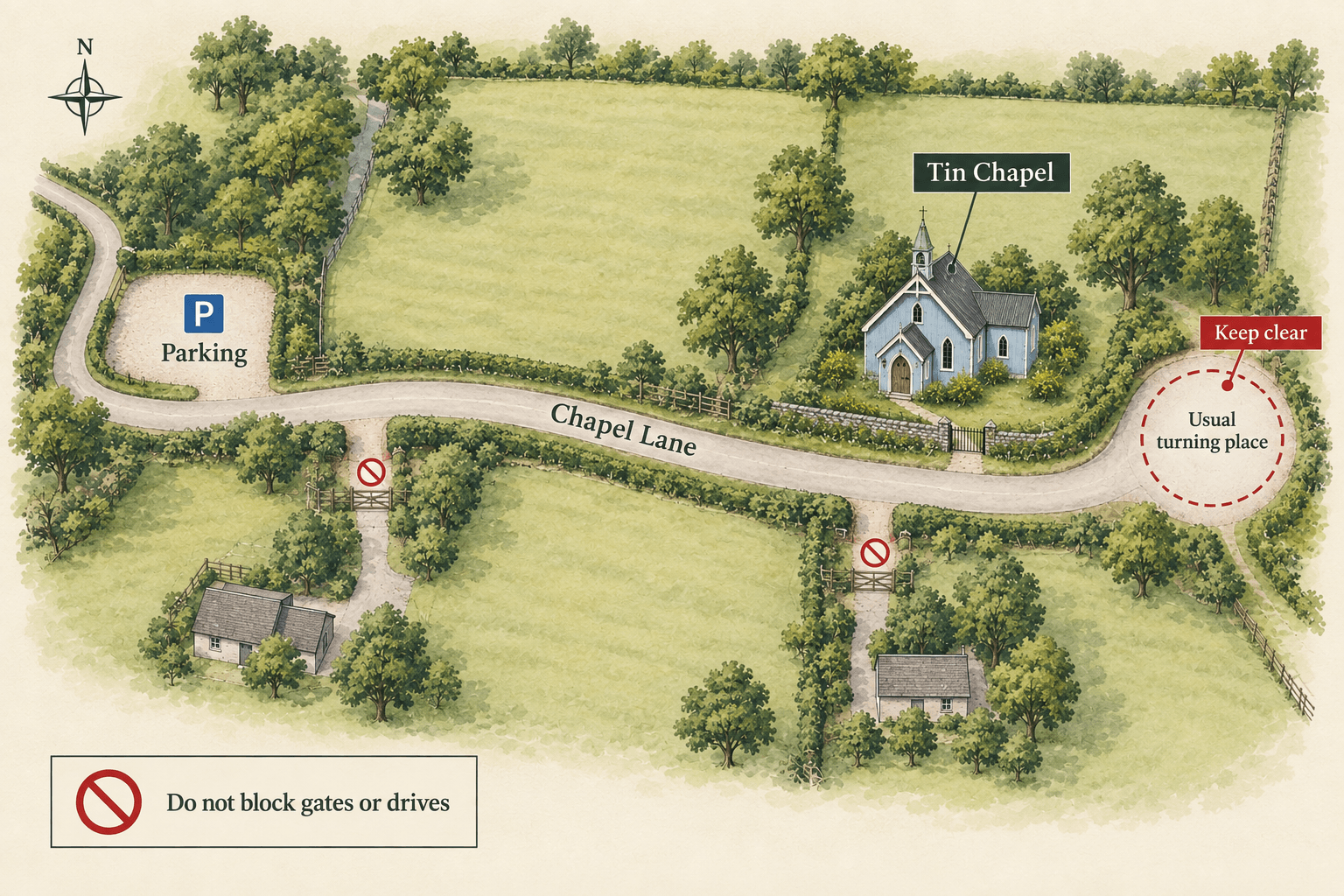 Close-in illustrated map showing Chapel Lane, Tin Chapel, parking, and areas to keep clear