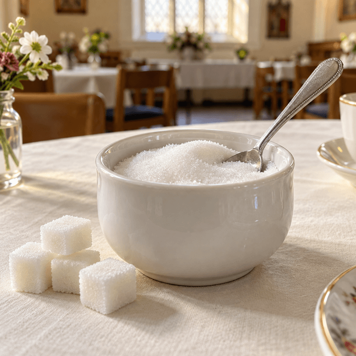 Sugar bowl with spoon and sugar cubes